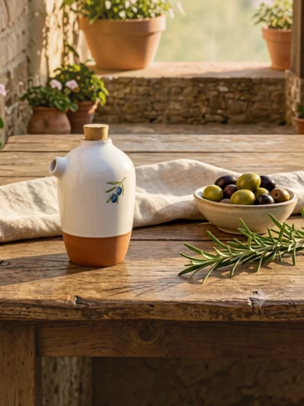 Mud Pie Tuscan Olive Oil Bottle Dispenser Ceramic Terracotta Cork Stopper